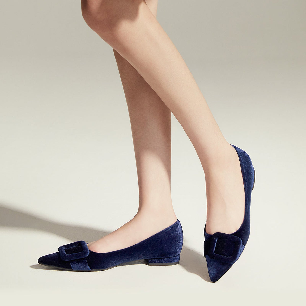Square Buckle Velvet Flats (Aida)